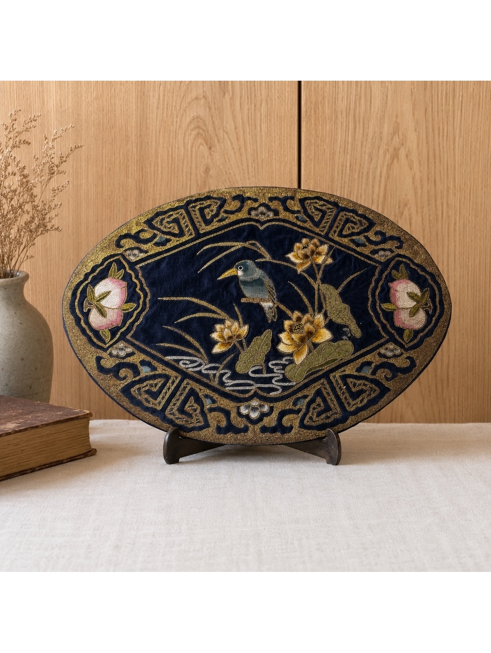 Vintage Embroidered Bird & Lotus Textile Art Navy Blue Silk-Like Oval Wall Decor - Picture 1 of 8
